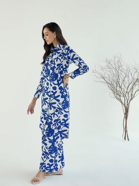 Blue & White Floral Long Straight Shirt With Pant-Pink Paprika By SASSAFRAS