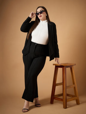 Black Solid Shawl Collar Blazer With Straight Pants-SASSAFRAS Curve