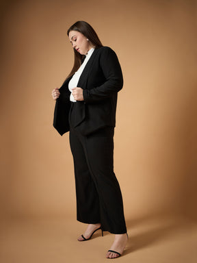 Black Solid Shawl Collar Blazer With Straight Pants-SASSAFRAS Curve