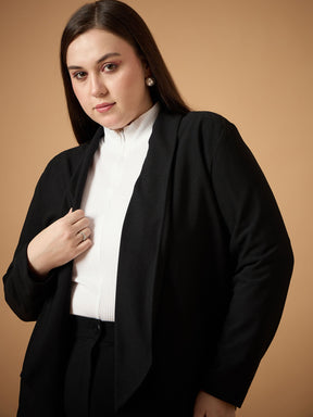 Black Solid Shawl Collar Blazer With Straight Pants-SASSAFRAS Curve