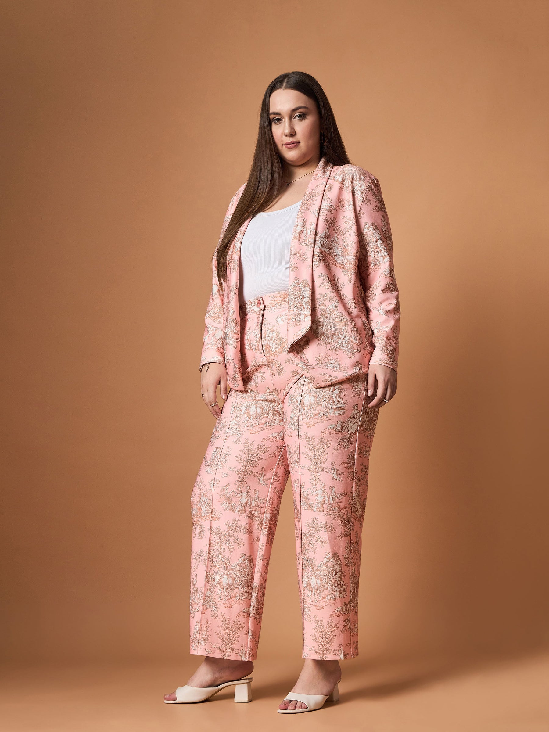 Pink Floral Shawl Collar Blazer With Straight Pants-SASSAFRAS Curve