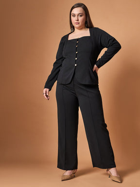 Black Front Button Top With Straight Pants -SASSAFRAS Curve