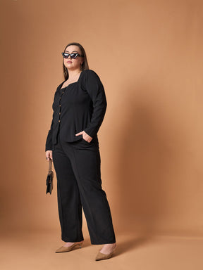 Black Front Button Top With Straight Pants -SASSAFRAS Curve