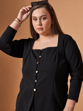 Black Front Button Top With Straight Pants -SASSAFRAS Curve