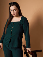 Emerald Green Front Button Top With Straight Pants-SASSAFRAS Curve