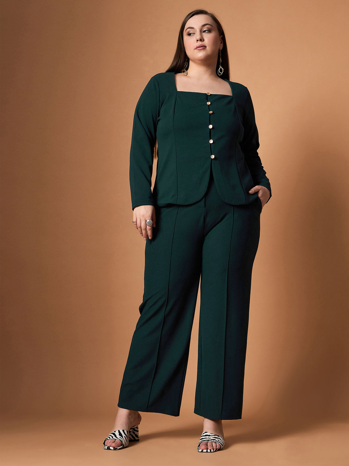 Emerald Green Front Button Top With Straight Pants-SASSAFRAS Curve