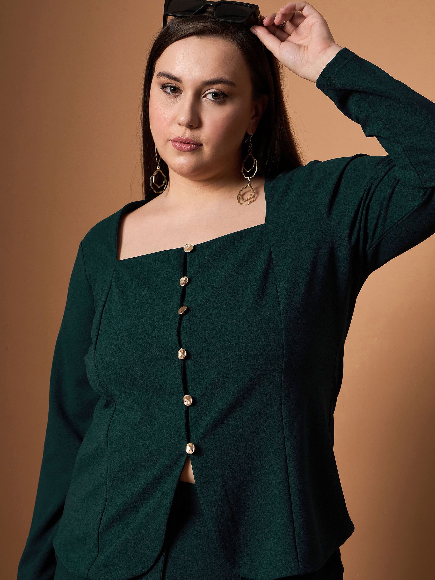 Emerald Green Front Button Top With Straight Pants-SASSAFRAS Curve