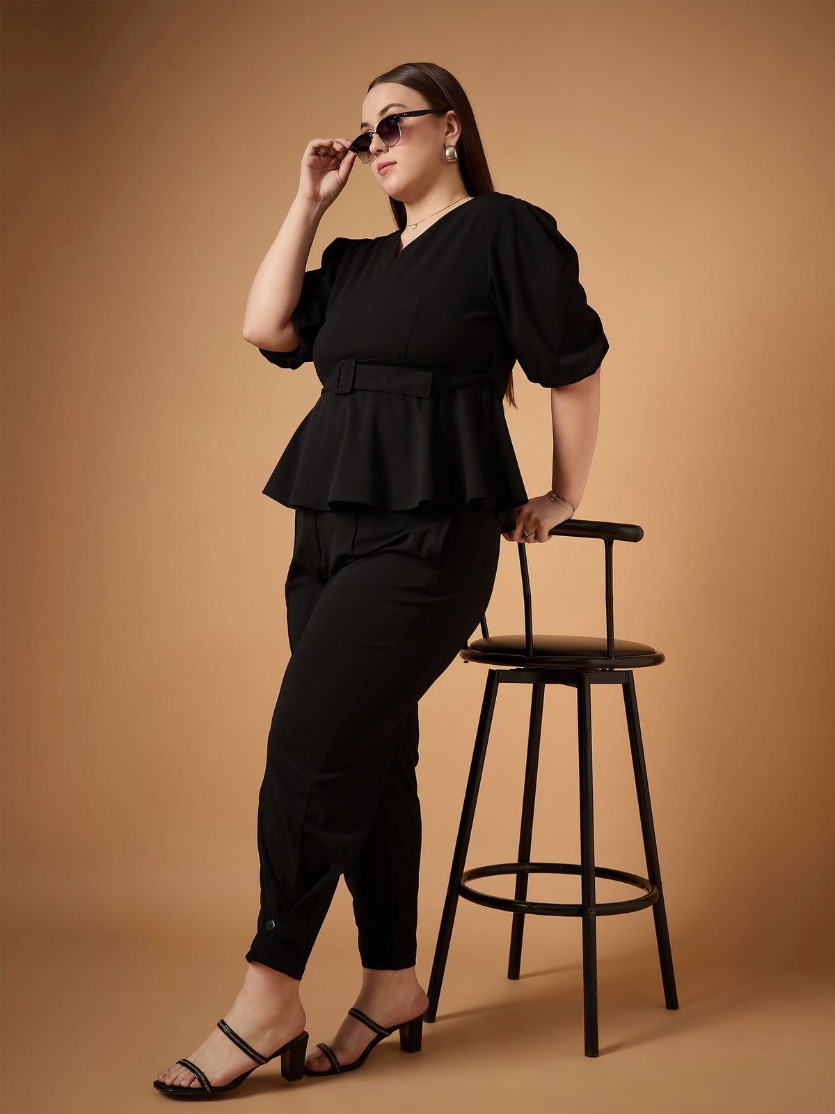 Black Solid Peplum Top With Straight Pants -SASSAFRAS Curve