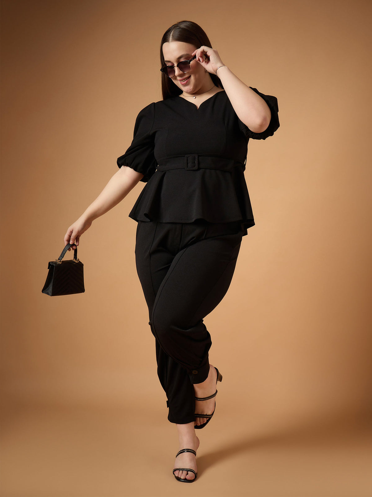 Black Solid Peplum Top With Straight Pants -SASSAFRAS Curve