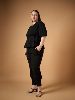 Black Solid Peplum Top With Straight Pants -SASSAFRAS Curve