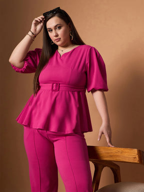 Fuchsia Solid Peplum Top With straight Pants -SASSAFRAS Curve