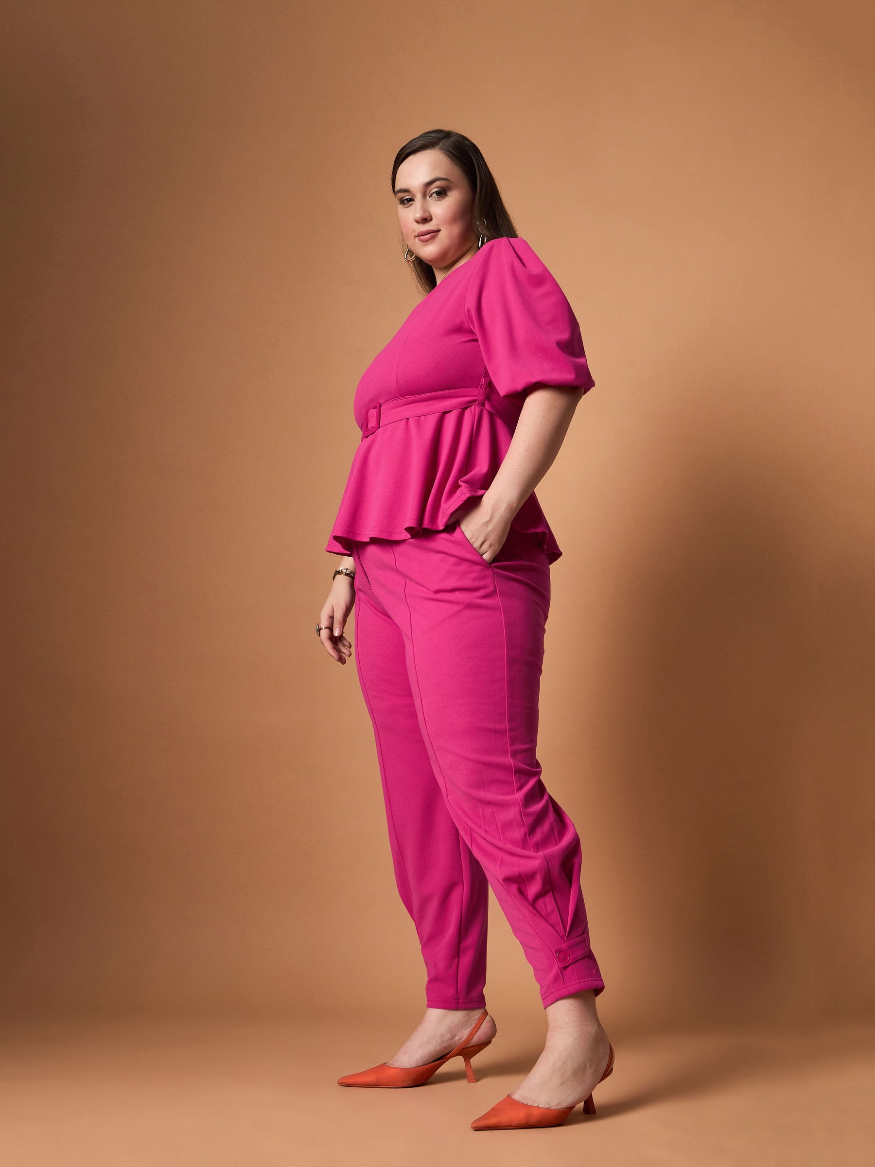 Fuchsia Solid Peplum Top With straight Pants -SASSAFRAS Curve