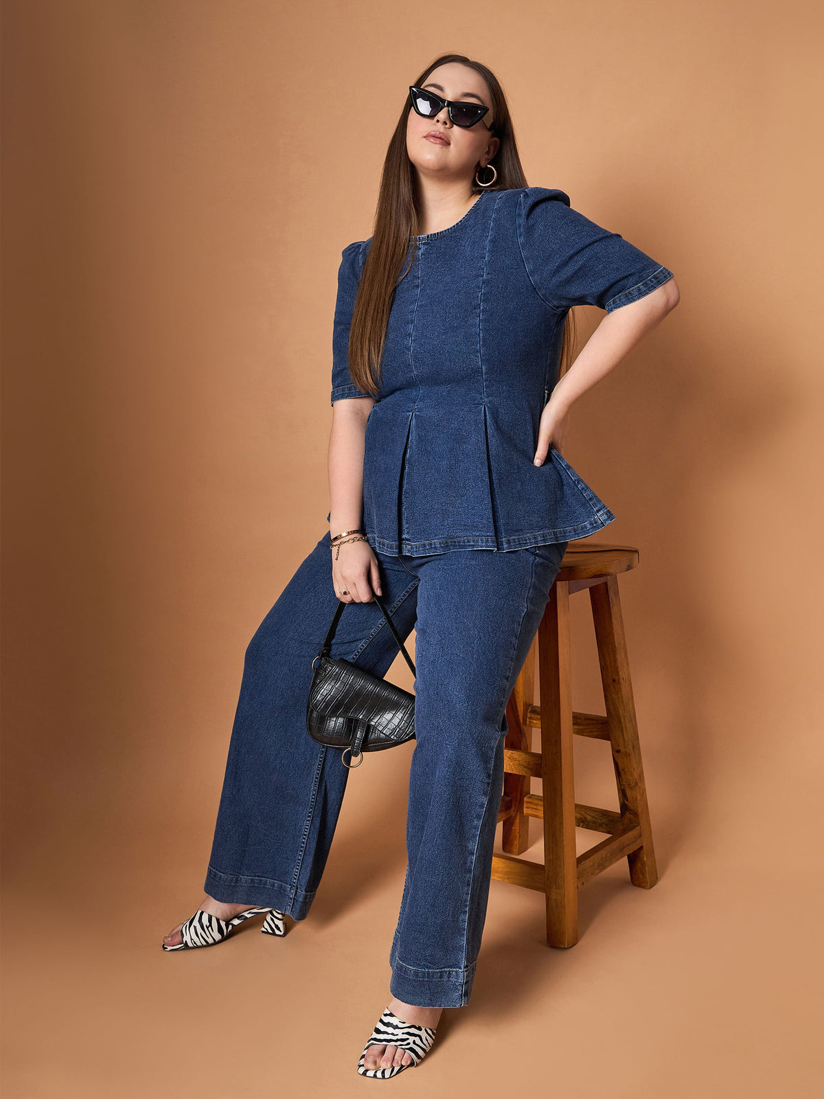 Navy Wash Denim Peplum Top With Straight Pants-SASSAFRAS Curve