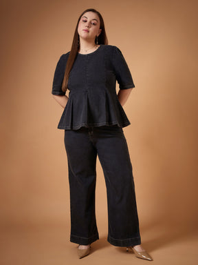 Black Wash Denim Peplum Top With Straight Pants-SASSAFRAS Curve