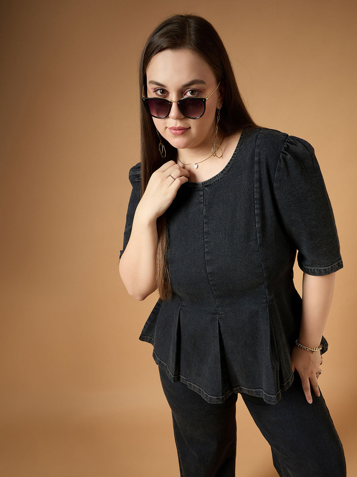 Black Wash Denim Peplum Top With Straight Pants-SASSAFRAS Curve