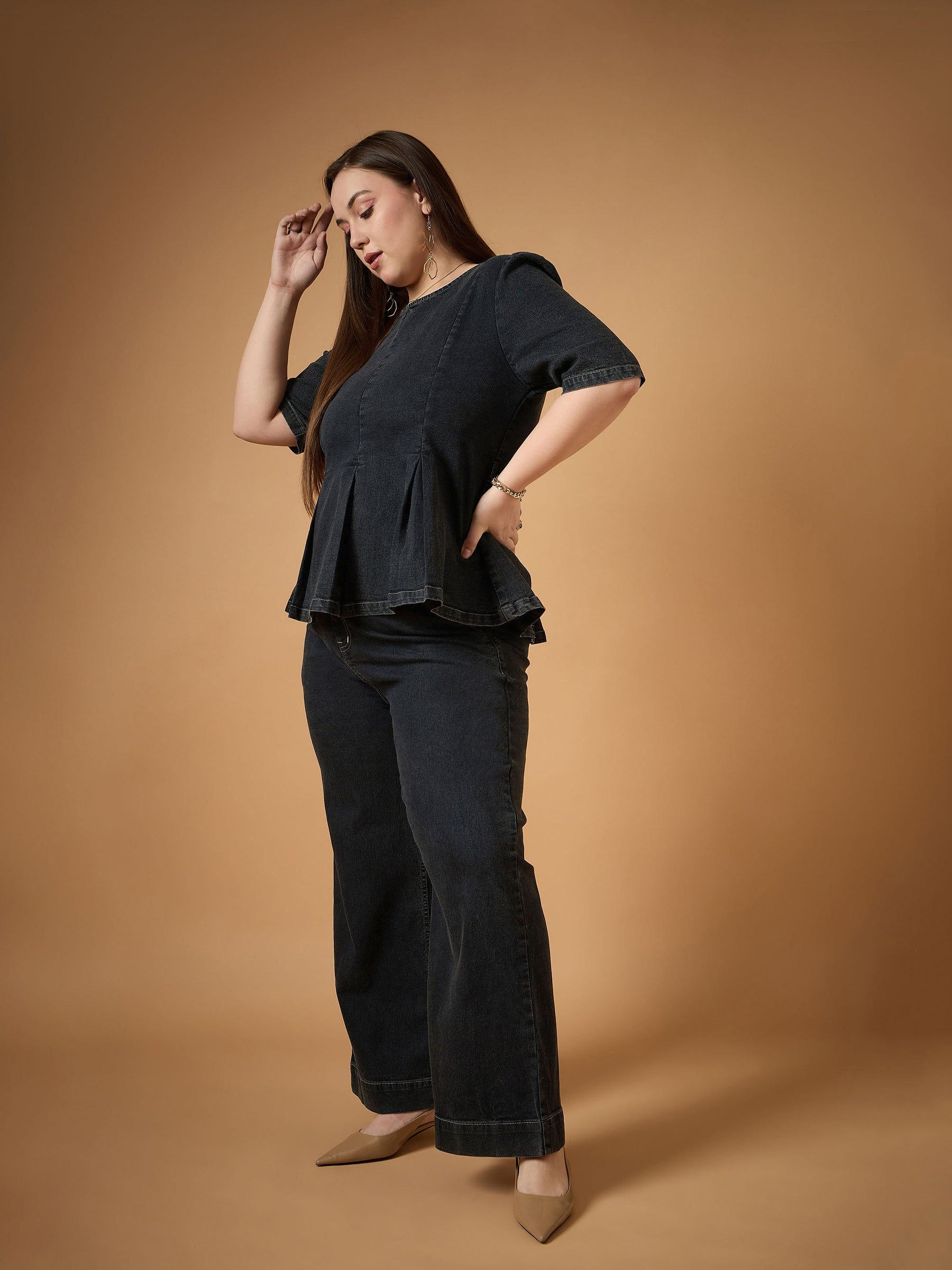 Black Wash Denim Peplum Top With Straight Pants-SASSAFRAS Curve