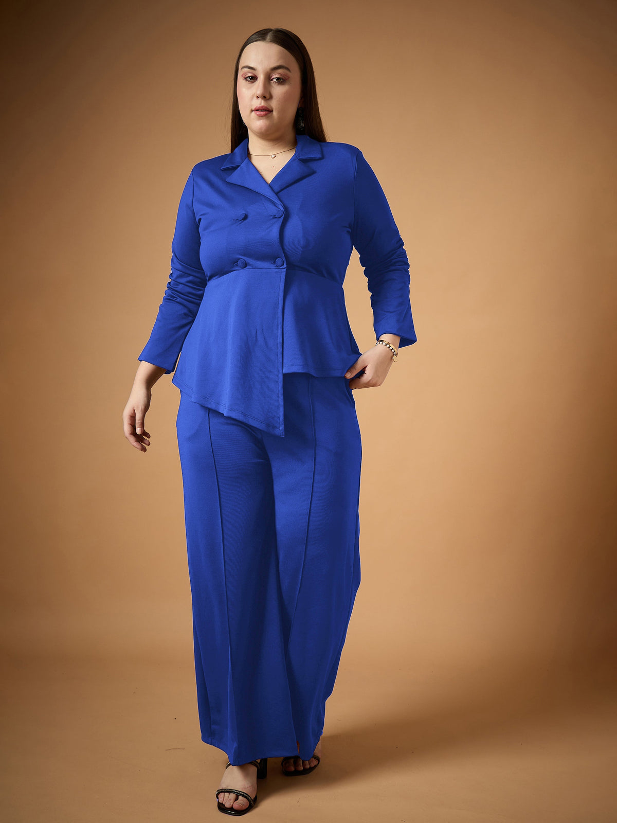 Royal Blue Ruched Blazer With Straight Pants-SASSAFRAS Curve