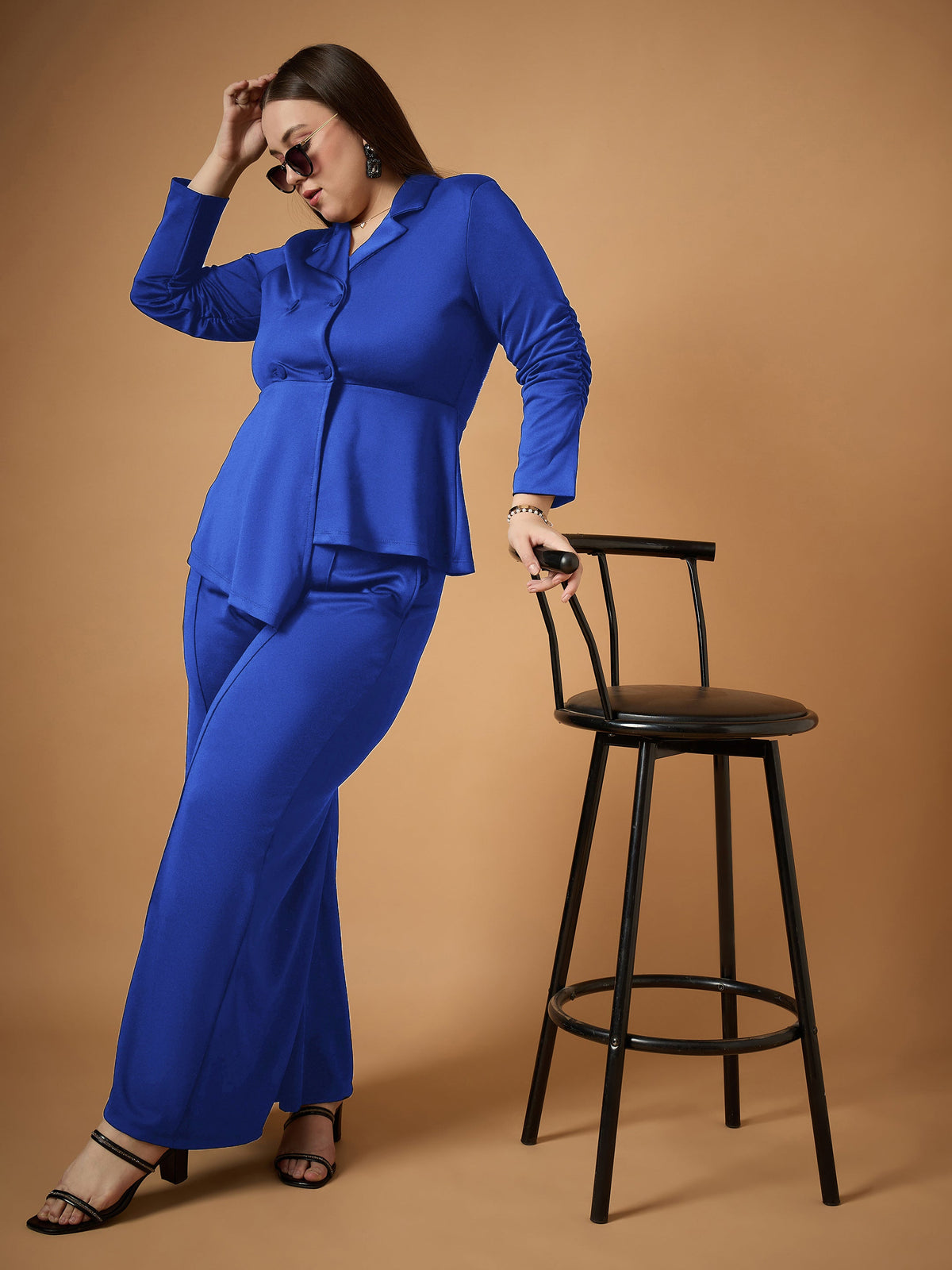 Royal Blue Ruched Blazer With Straight Pants-SASSAFRAS Curve