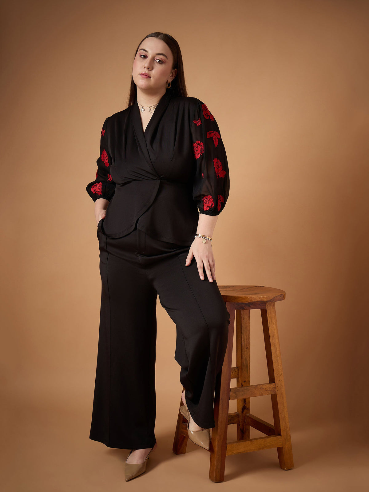 Black Embroidery Sleeves Top with Straight Pants -SASSAFRAS Curve