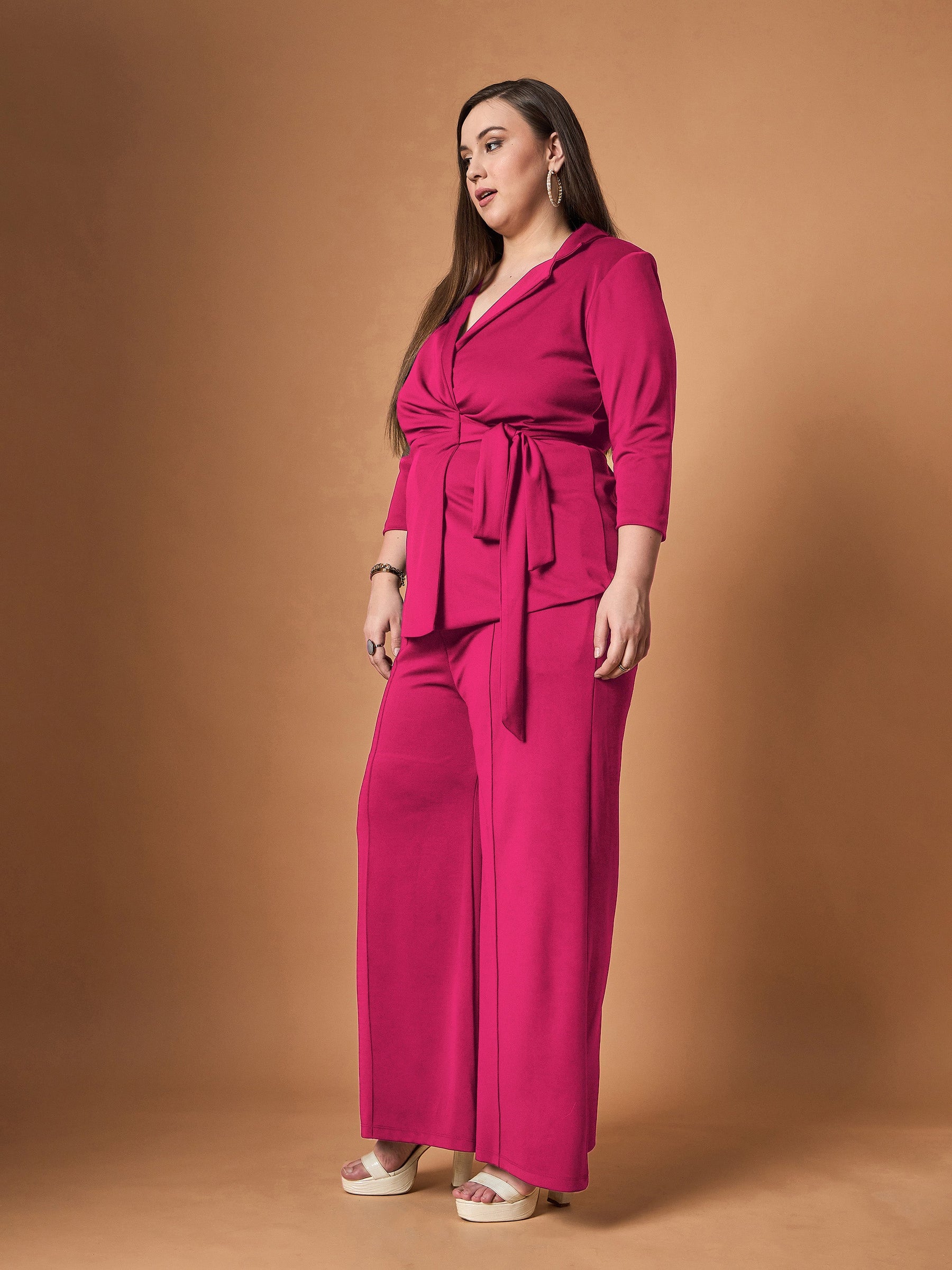 Fuchsia Knotted Wrap Top With Straight Pants-SASSAFRAS Curve