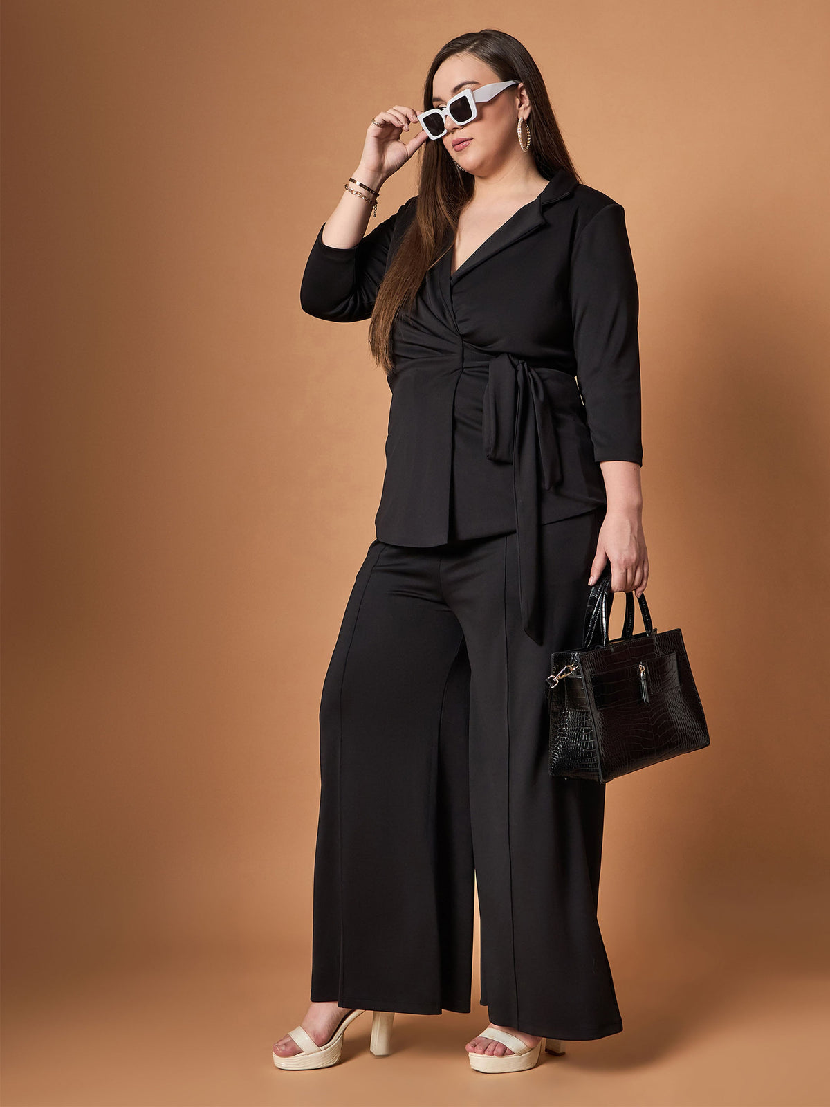 Black Knotted Wrap Top With Straight Pants-SASSAFRAS Curve