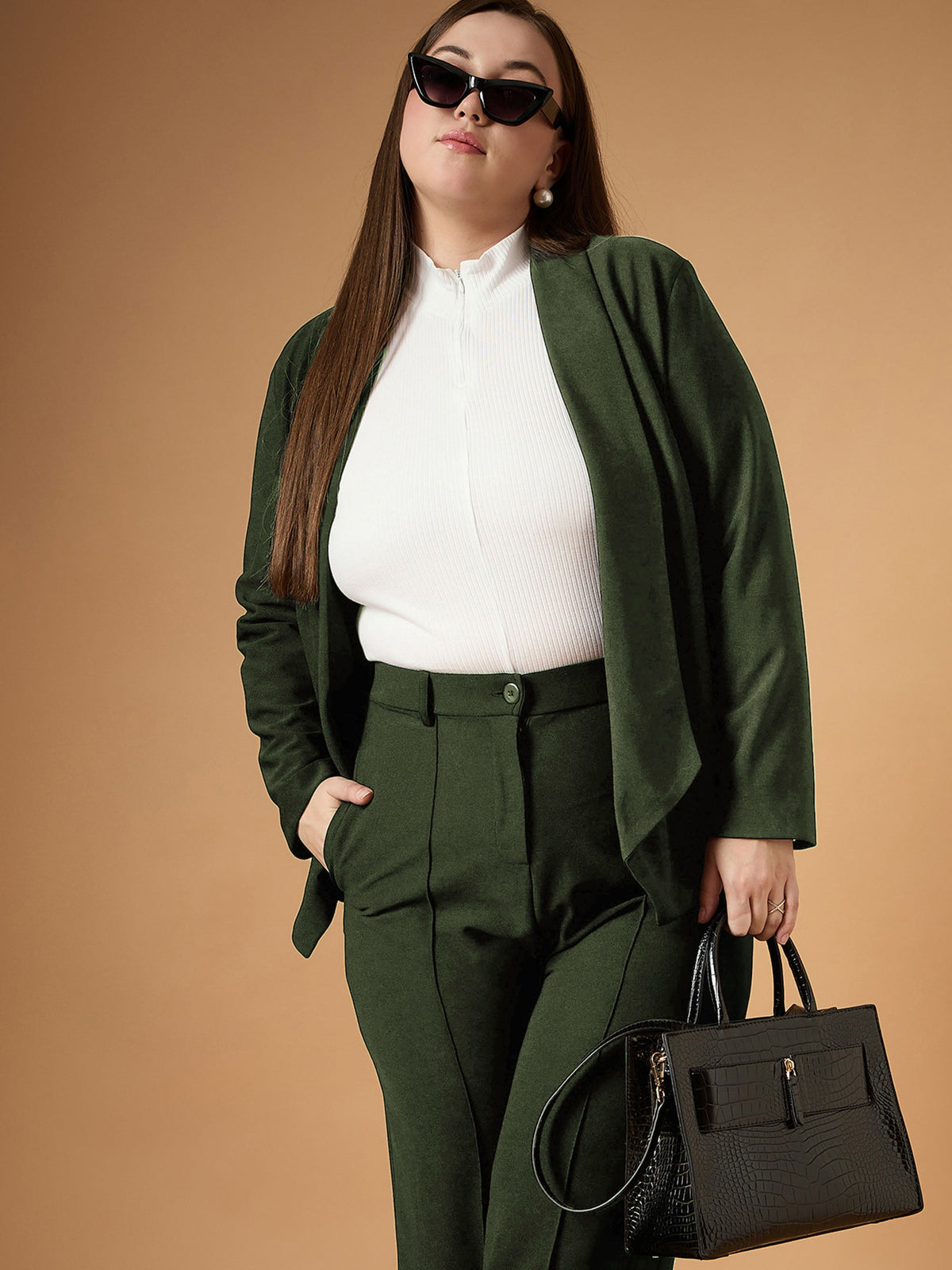 Olive Solid Shawl Collar Blazer With Straight Pants -SASSAFRAS Curve