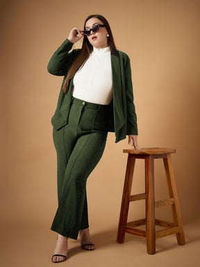 Olive Solid Shawl Collar Blazer With Straight Pants -SASSAFRAS Curve