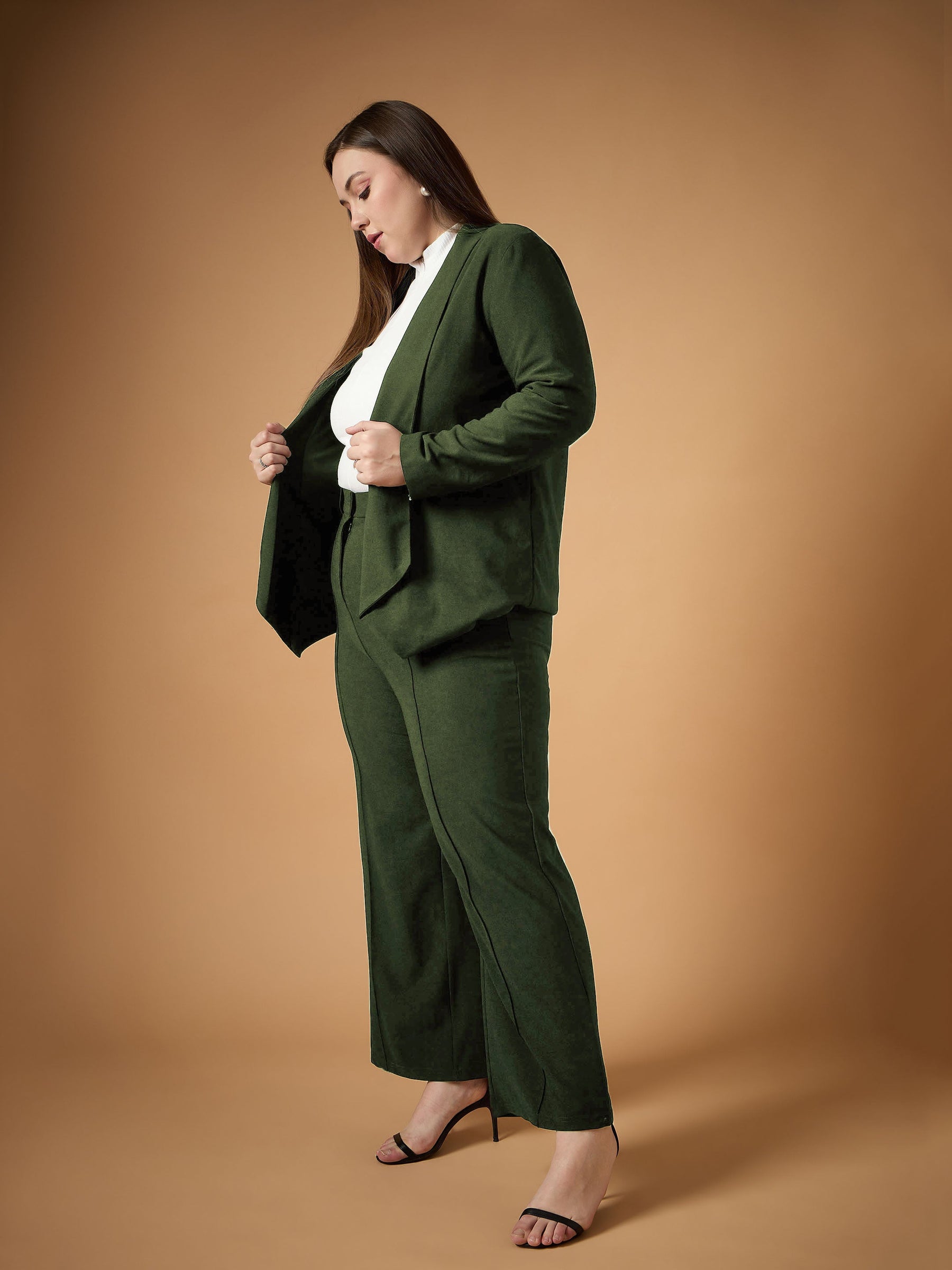 Olive Solid Shawl Collar Blazer With Straight Pants -SASSAFRAS Curve