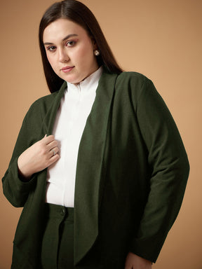 Olive Solid Shawl Collar Blazer With Straight Pants -SASSAFRAS Curve