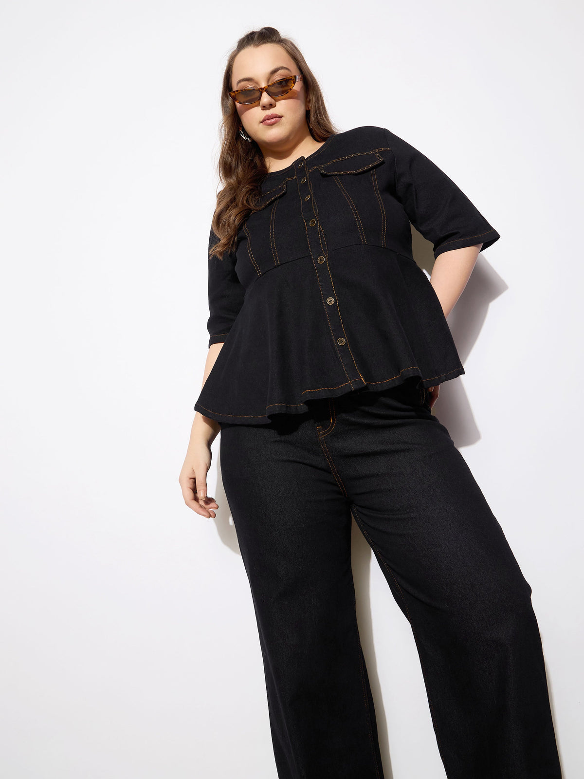 Black Denim Studded Peplum Top With Jeans-SASSAFRAS Curve