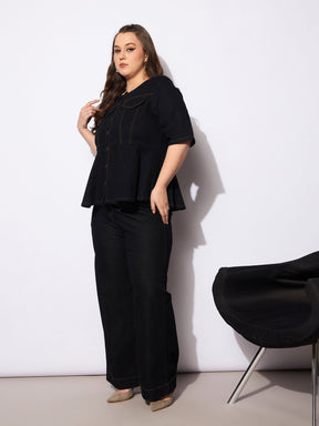 Black Denim Studded Peplum Top With Jeans-SASSAFRAS Curve