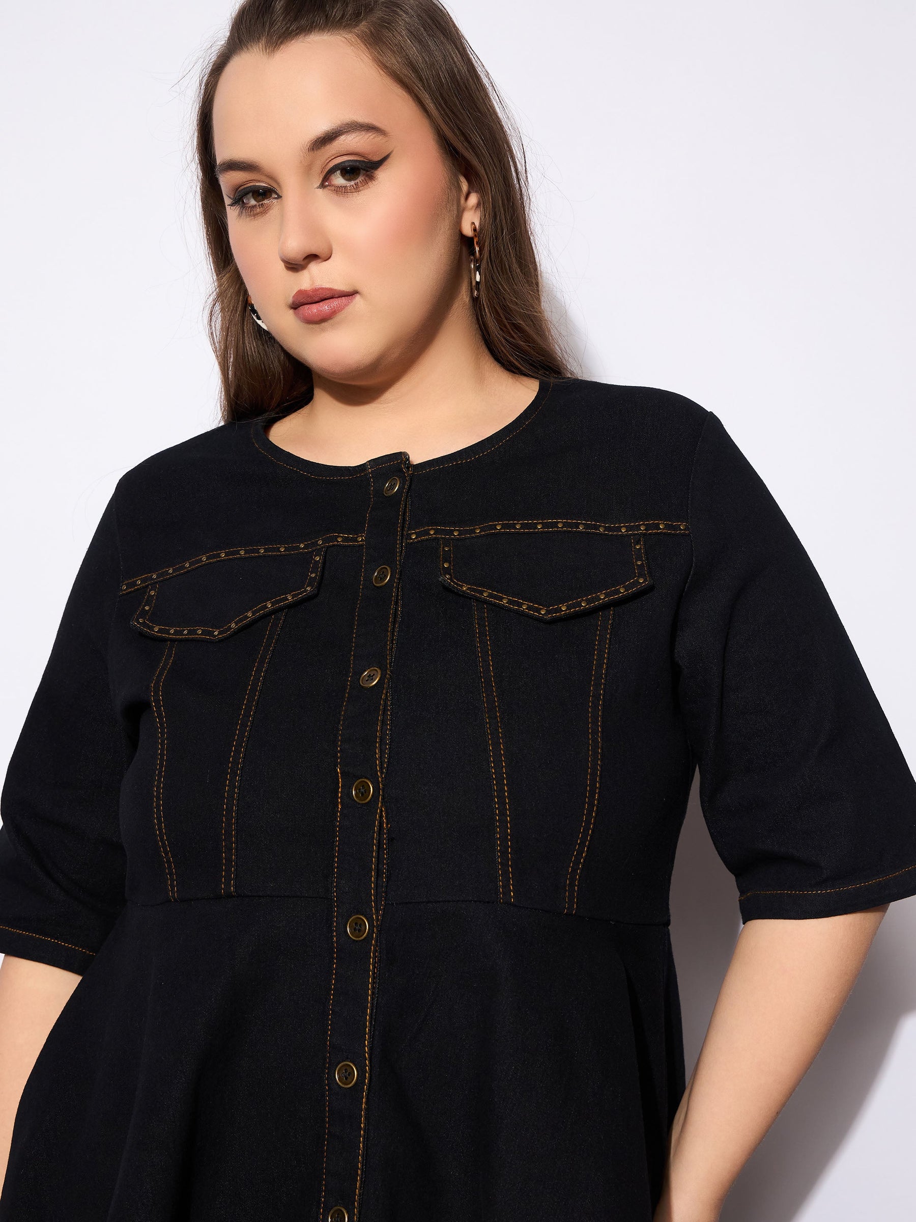 Black Denim Studded Peplum Top With Jeans-SASSAFRAS Curve