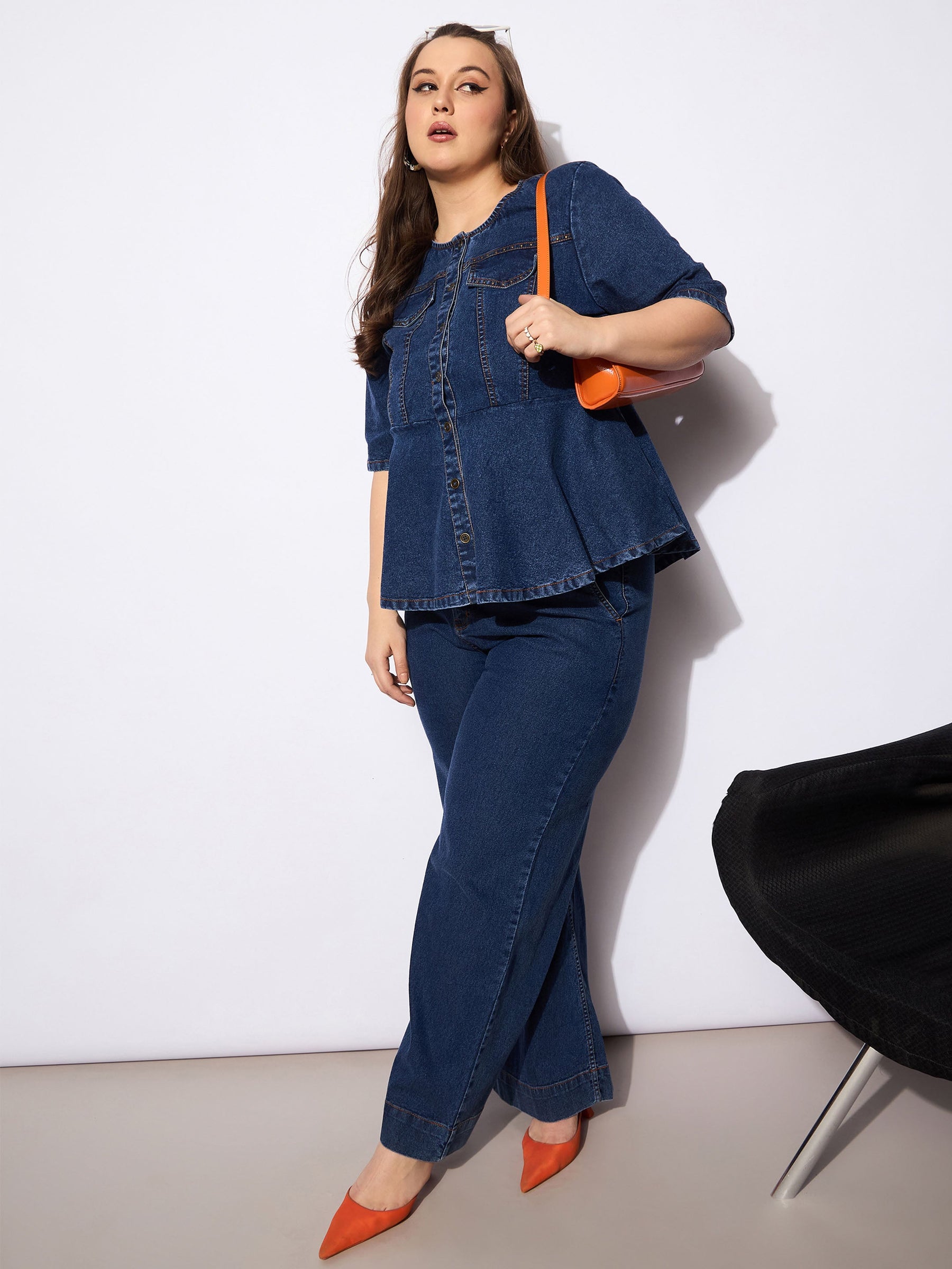 Navy Denim Studded Peplum Top With Jeans-SASSAFRAS Curve