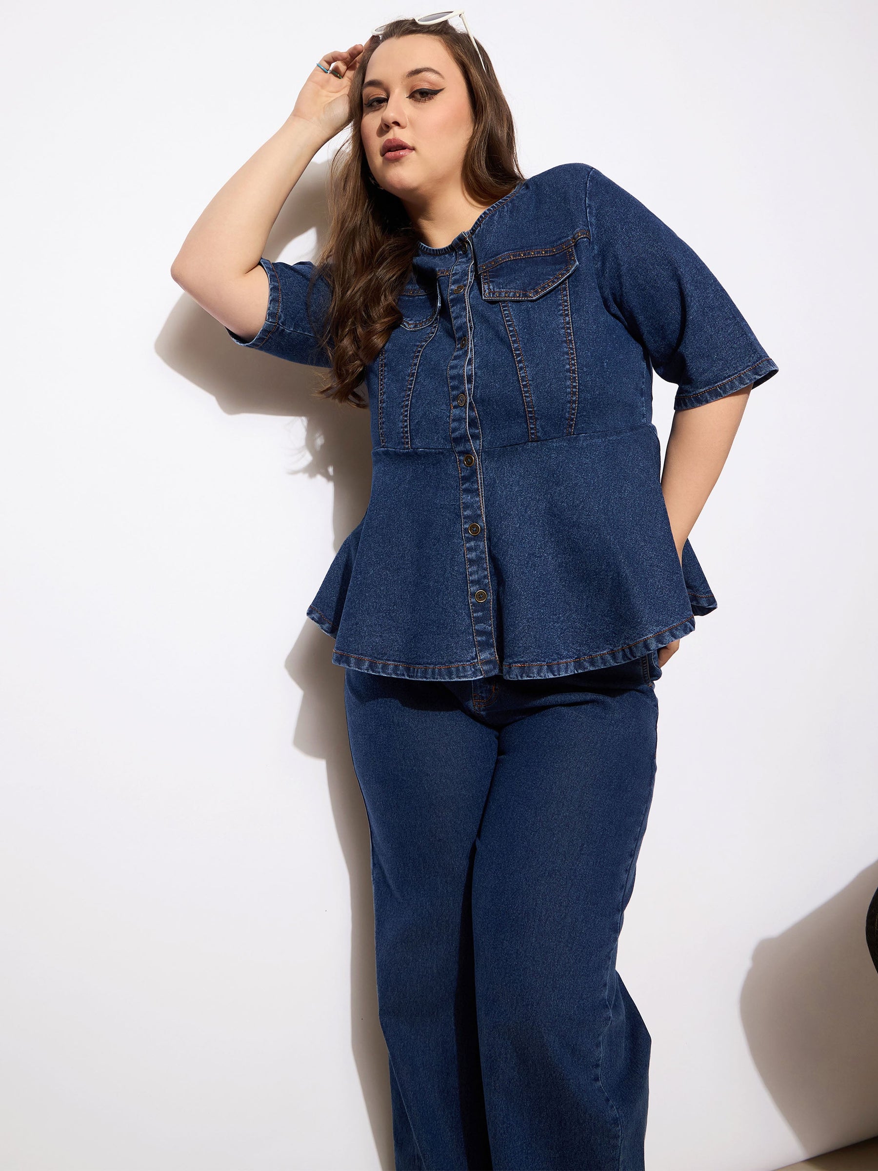 Navy Denim Studded Peplum Top With Jeans-SASSAFRAS Curve