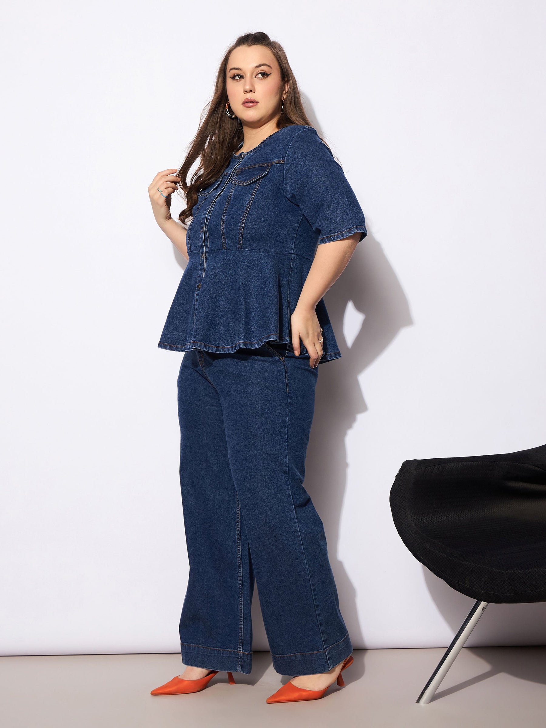 Navy Denim Studded Peplum Top With Jeans-SASSAFRAS Curve