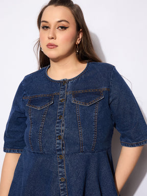 Navy Denim Studded Peplum Top With Jeans-SASSAFRAS Curve