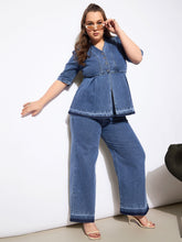 Blue Denim Metal Button Peplum Top With Jeans -SASSAFRAS Curve