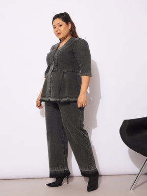 Black Denim Metal Button Peplum Top With Jeans-SASSAFRAS Curve