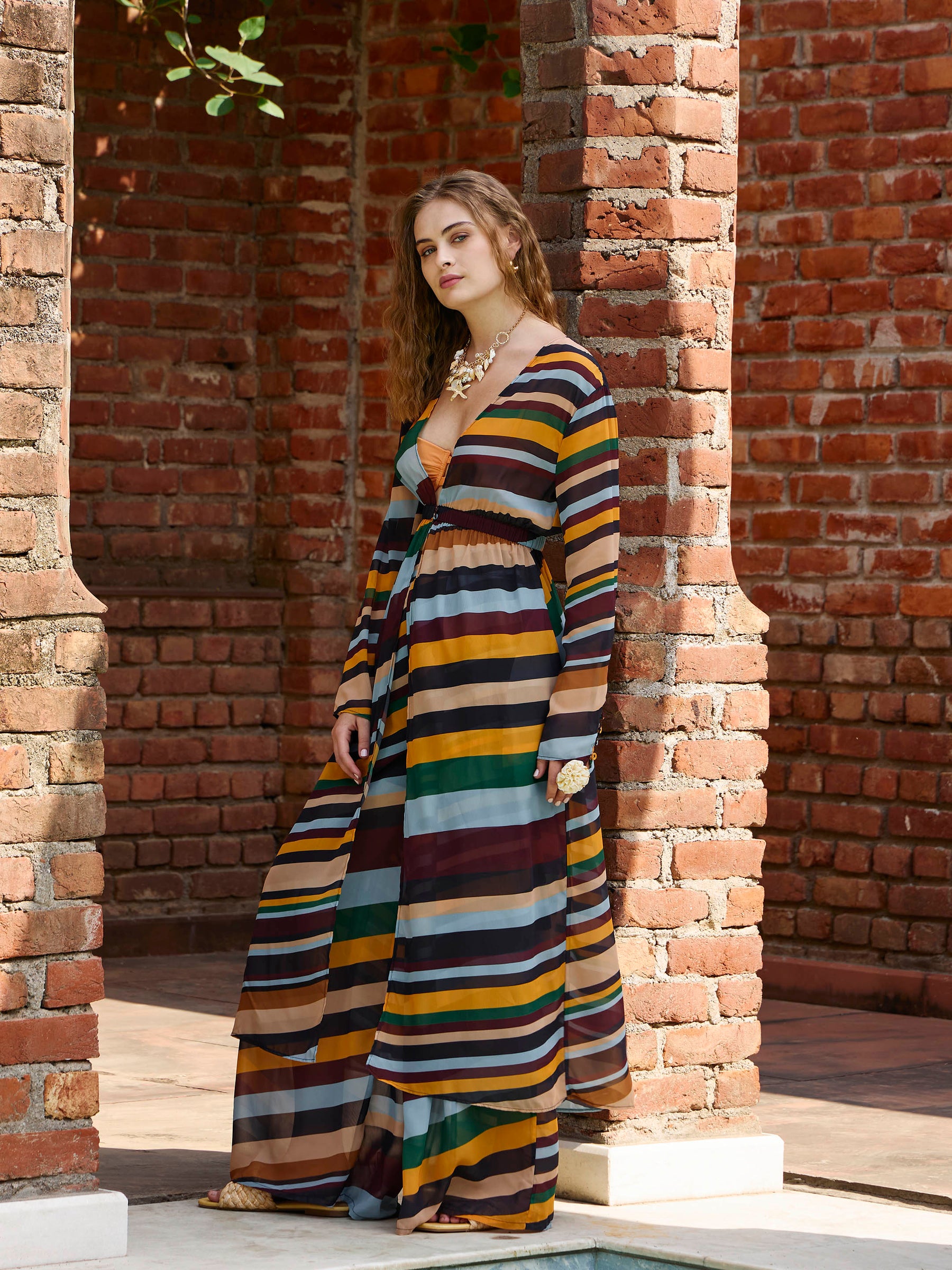 Yellow Multicolor Stripes Top With Flared Pants-SFSETS96135