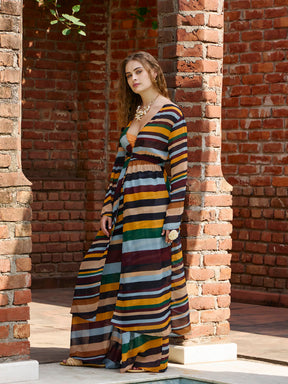 Yellow Multicolor Stripes Top With Flared Pants-SFSETS96135