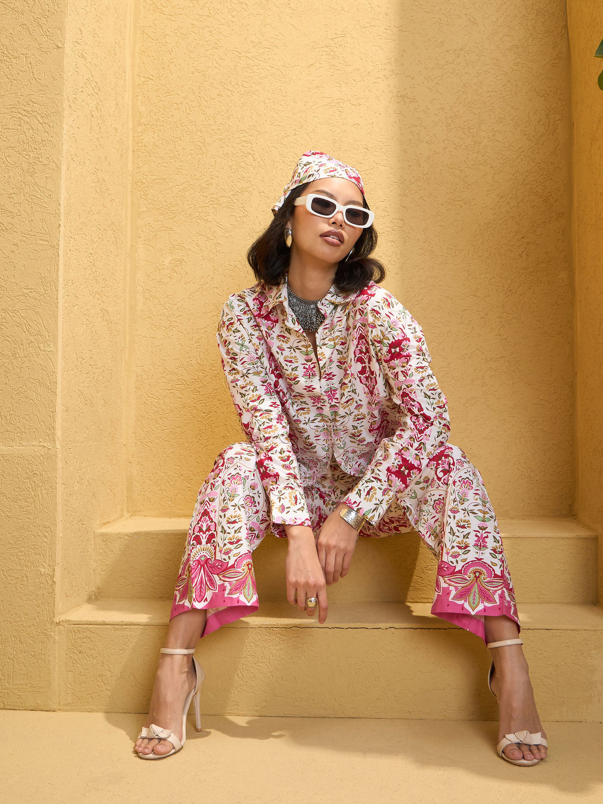 Pink & White Floral Shirt With Pants-Pink Paprika By SASSAFRAS