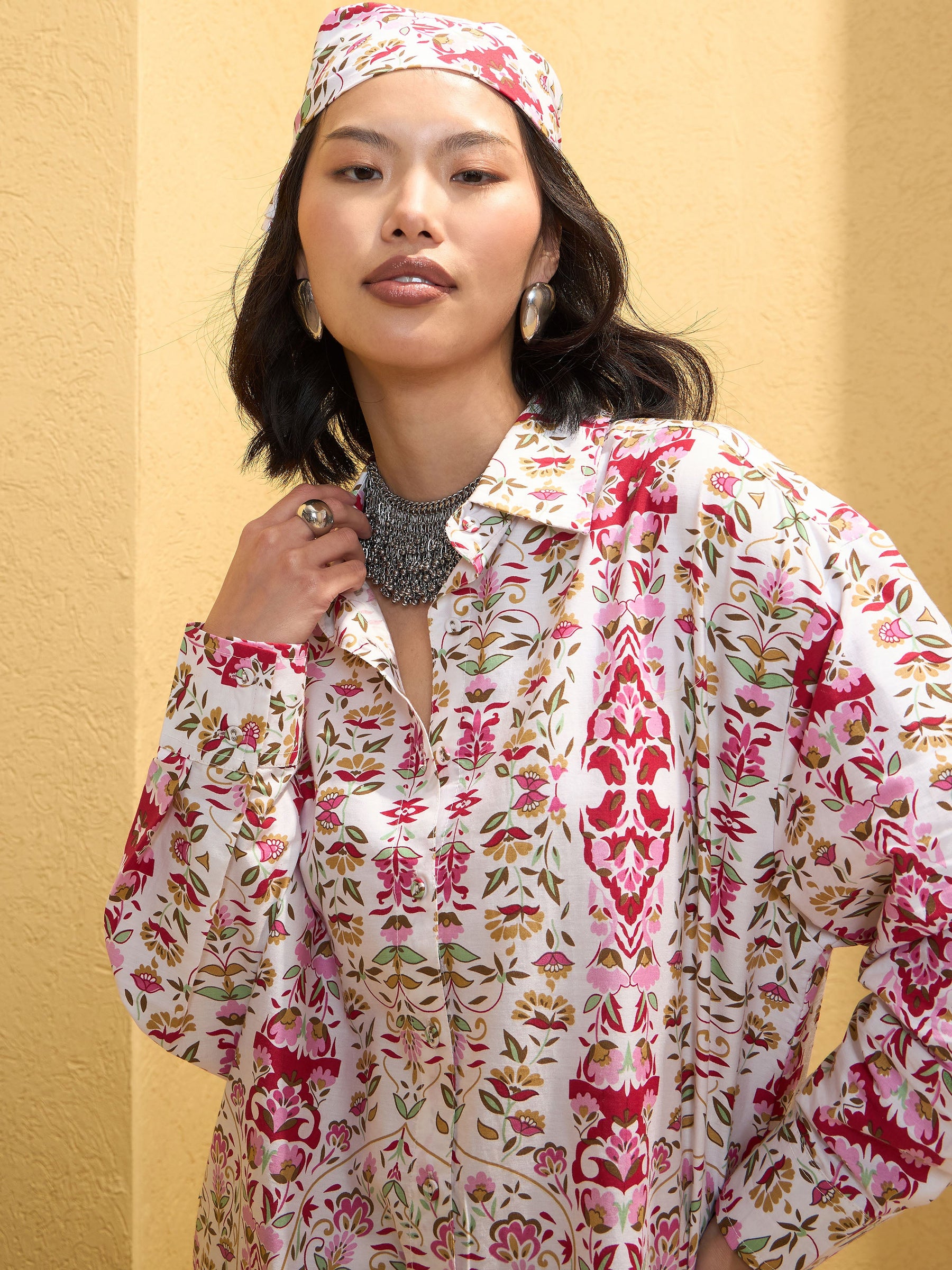 Pink & White Floral Shirt With Pants-Pink Paprika By SASSAFRAS