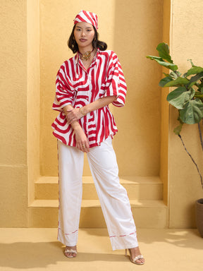 Red & White Geometric Shirt With Solid Pants-Pink Paprika By SASSAFRAS