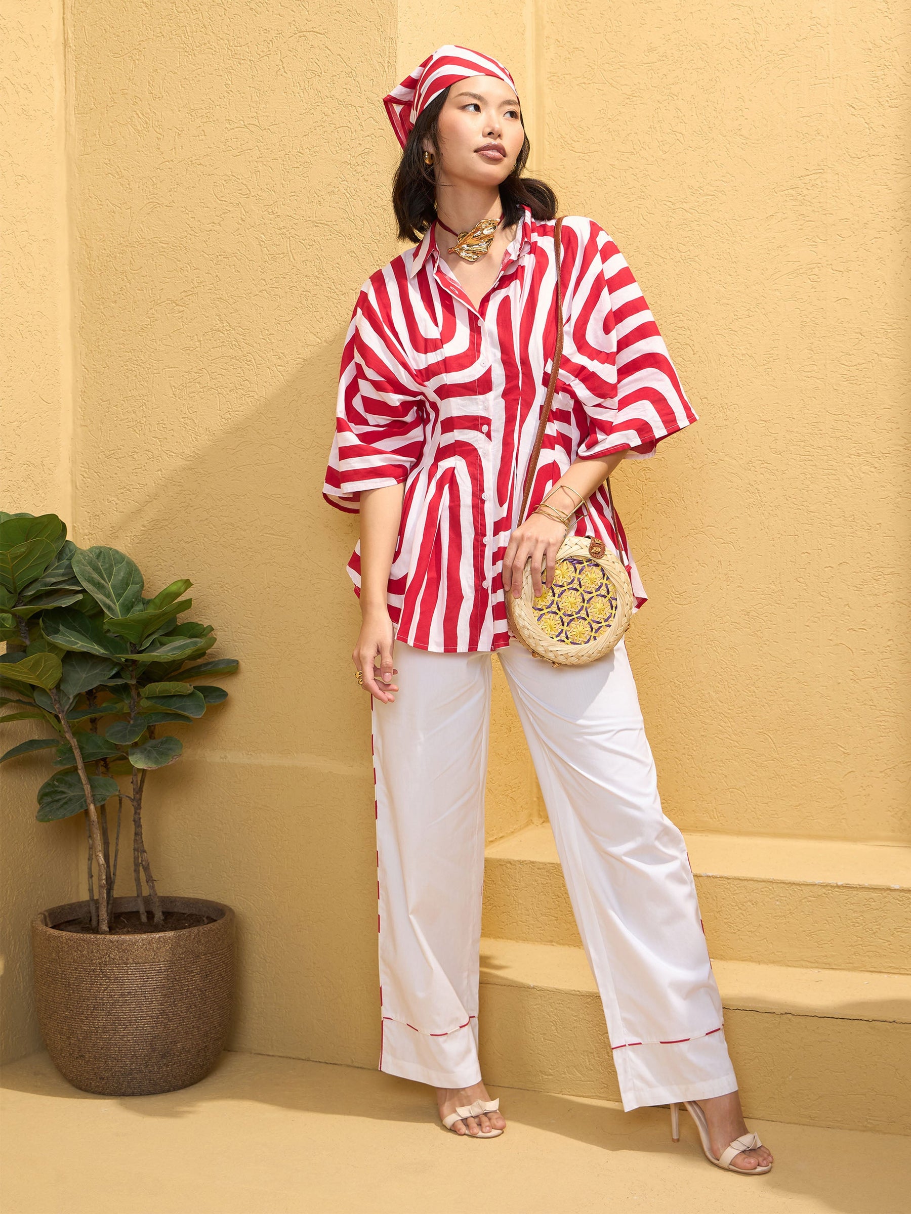 Red & White Geometric Shirt With Solid Pants-Pink Paprika By SASSAFRAS