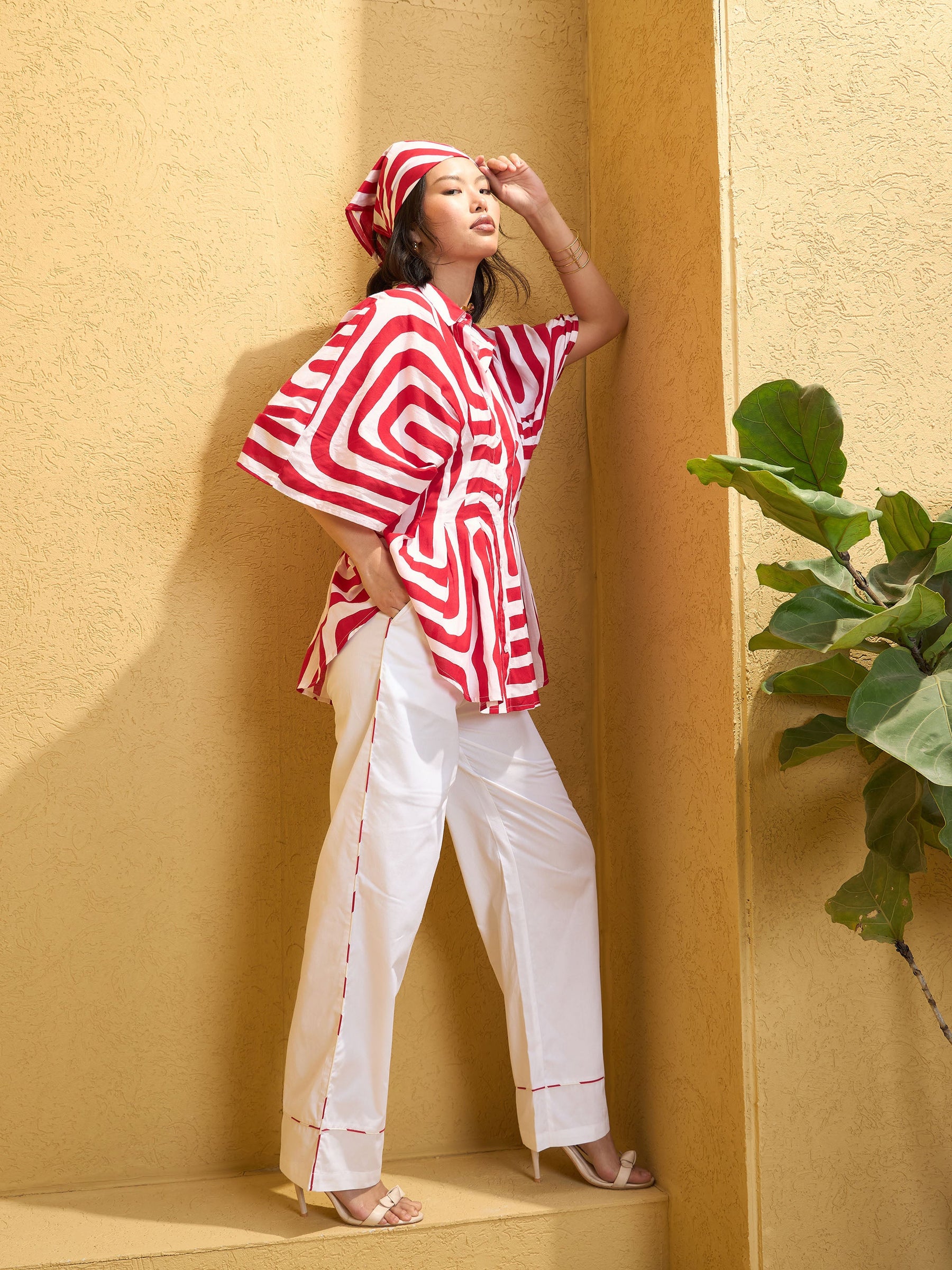 Red & White Geometric Shirt With Solid Pants-Pink Paprika By SASSAFRAS