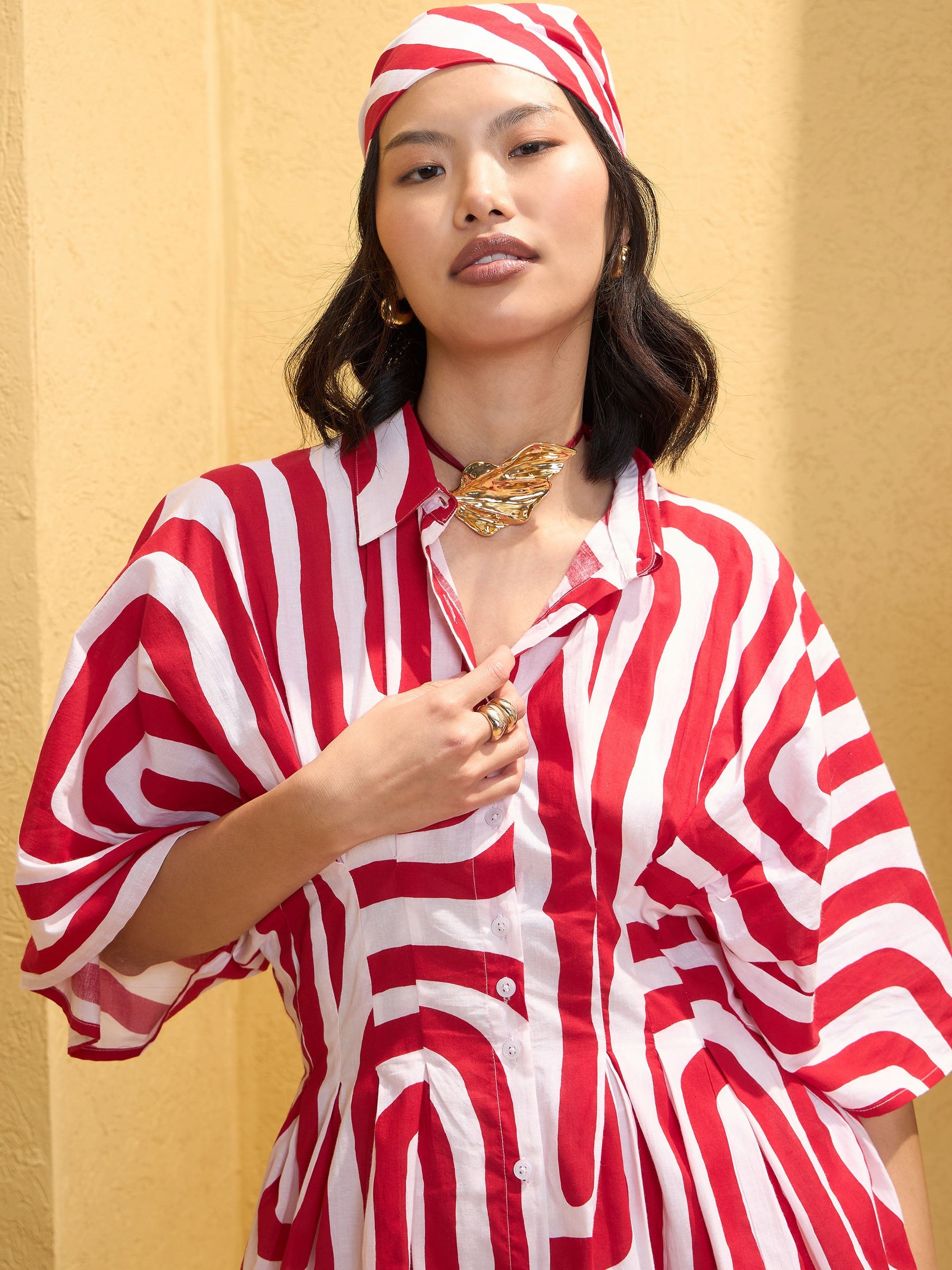 Red & White Geometric Shirt With Solid Pants-Pink Paprika By SASSAFRAS