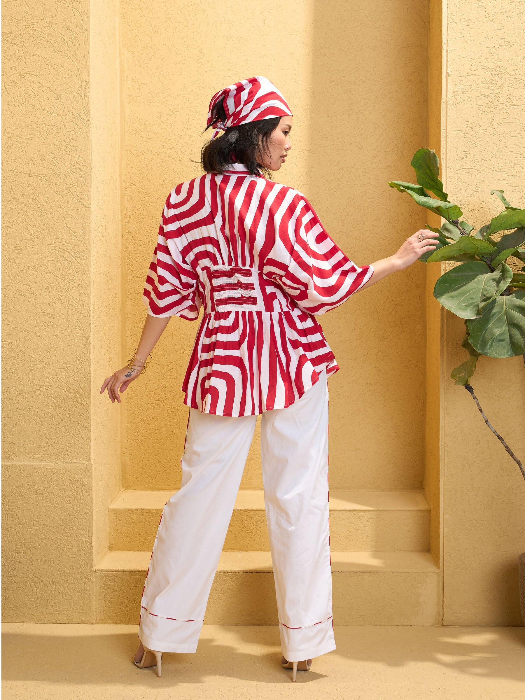 Red & White Geometric Shirt With Solid Pants-Pink Paprika By SASSAFRAS