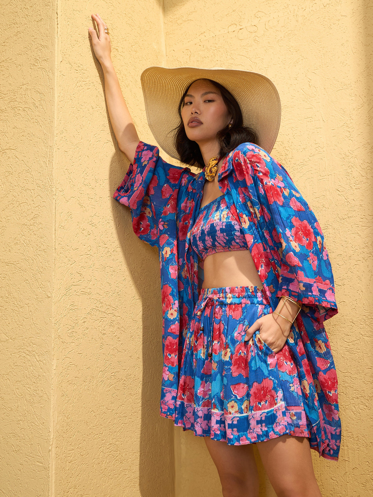 Navy Blue Floral Bustier With Shorts & Shrug-Pink Paprika By SASSAFRAS