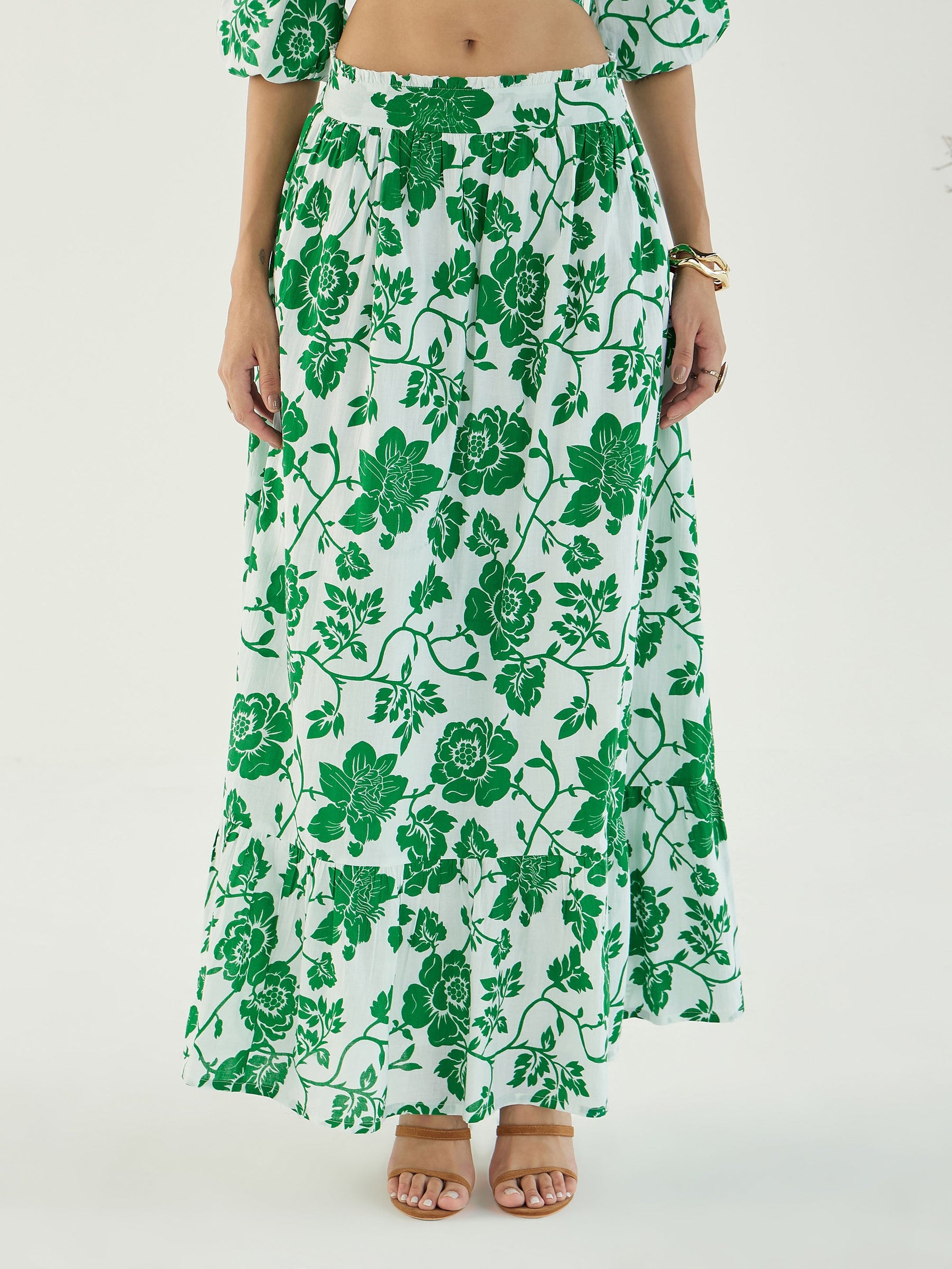 White & Green Floral Wrap Neck Top With Skirt -Pink Paprika By SASSAFRAS