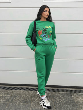 Women Green Fleece BUSH Sweatshirt With Joggers